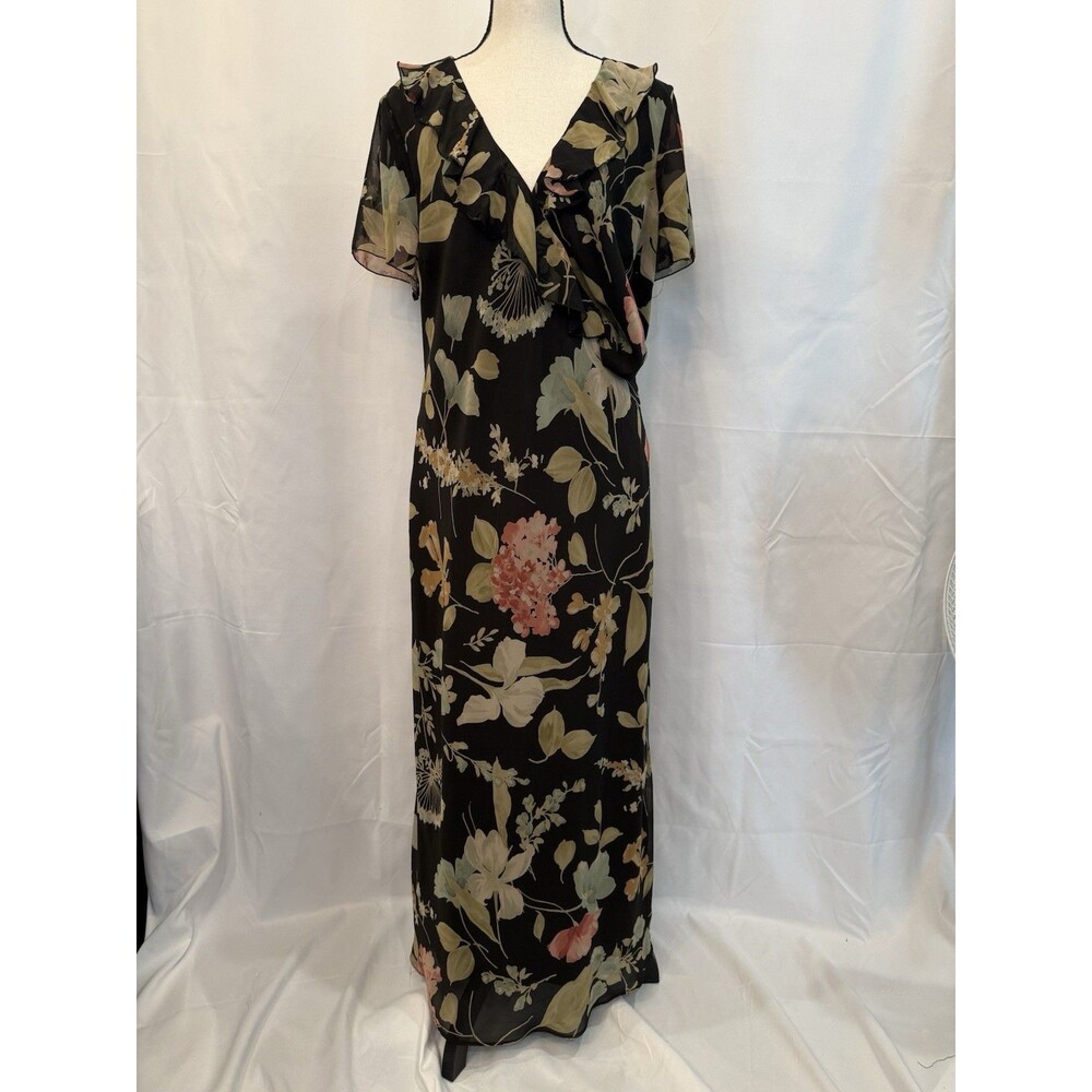 Vintage David Warren NY 14 P Y2K Black Floral Maxi Flutter Sleeve Whimsigoth